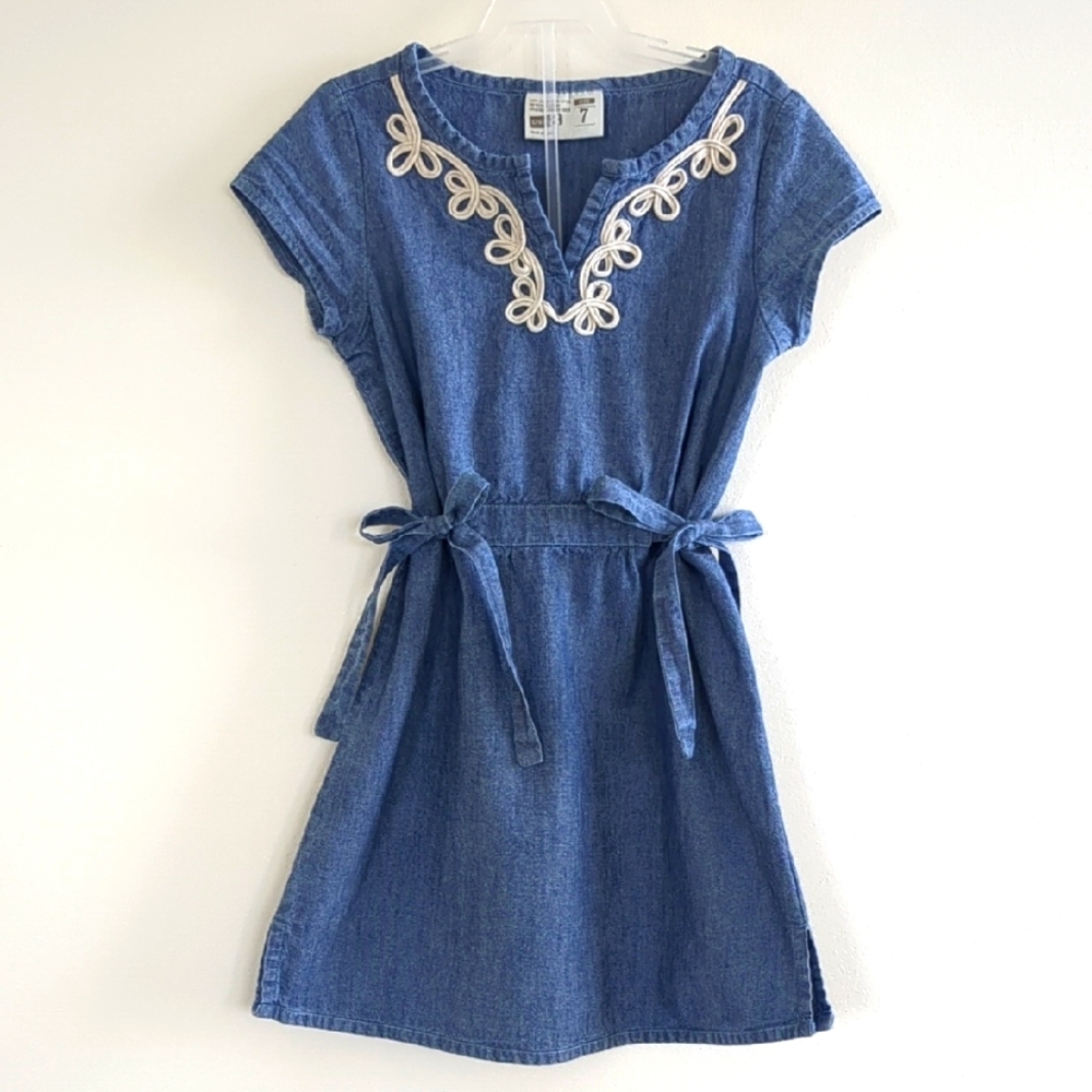 Girls Blue Chambray Short Sleeve Dress (Size 7)